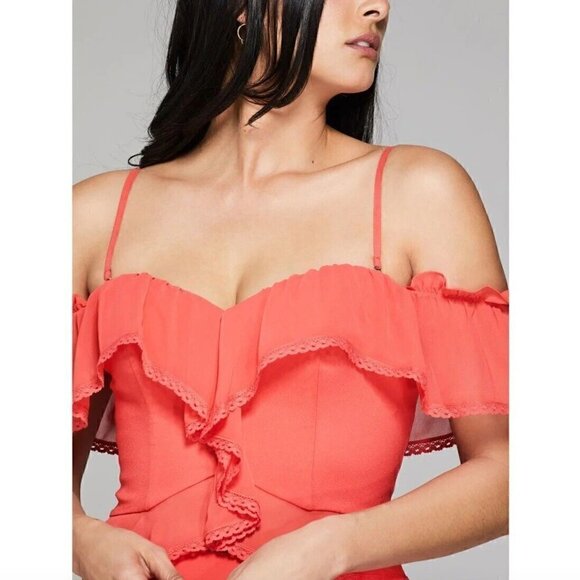 Marciano Juliet Off-Shoulder Bustier Top XS NWT Hibiscus Red Ruffles Mini Length - Picture 4 of 8
